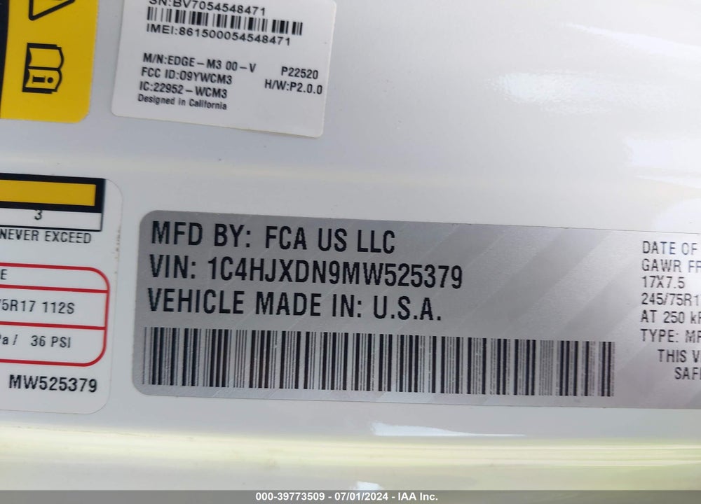 2021 JEEP WRANGLER UNLIMITED SPORT S 4X4 VIN: 1C4HJXDN9MW525379