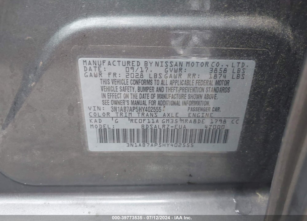 2017 NISSAN SENTRA VIN: 3N1AB7AP5HY402555
