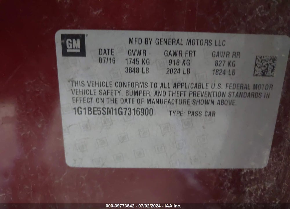 2016 CHEVROLET CRUZE LT AUTO VIN: 1G1BE5SM1G7316900