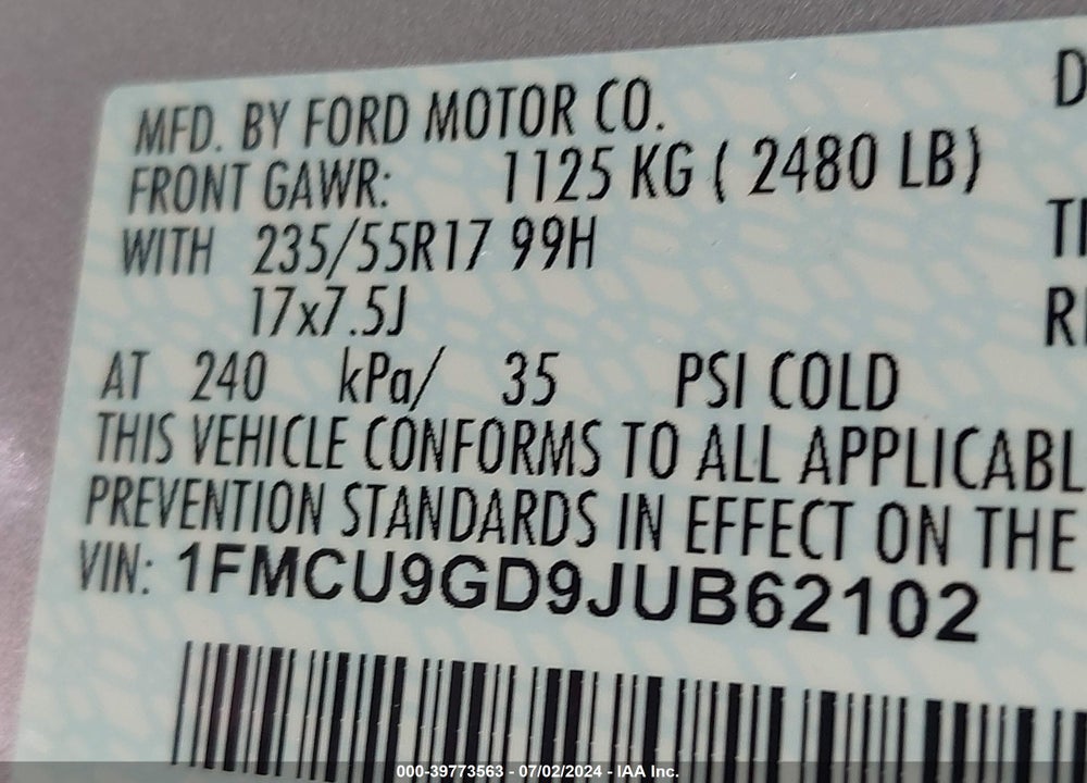 2018 FORD ESCAPE SE VIN: 1FMCU9GD9JUB62102
