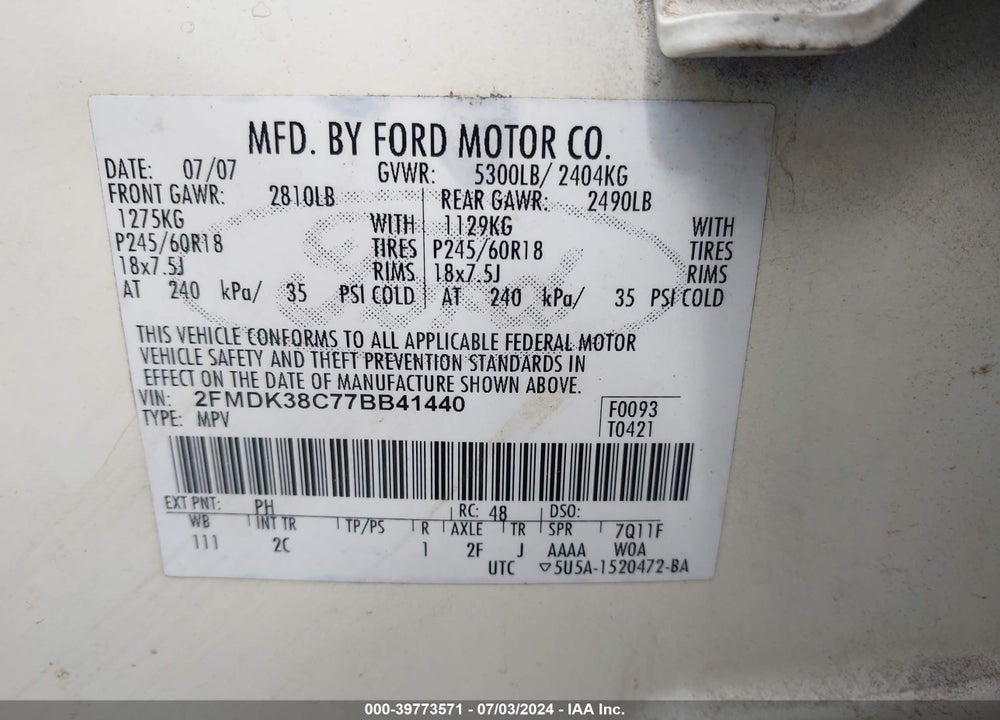 2007 FORD EDGE SEL VIN: 2FMDK38C77BB41440