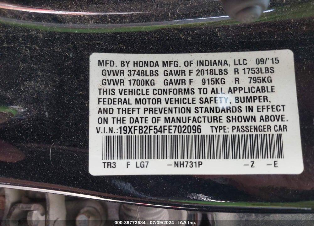 2015 HONDA CIVIC LX VIN: 19XFB2F54FE702096