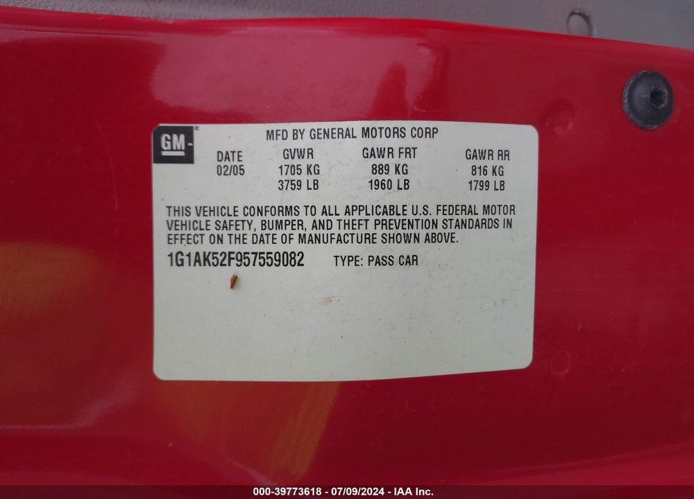 2005 CHEVROLET COBALT VIN: 1G1AK52F957559082