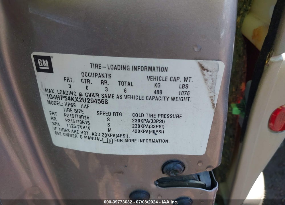 2002 BUICK LESABRE CUSTOM VIN: 1G4HP54KX2U294568