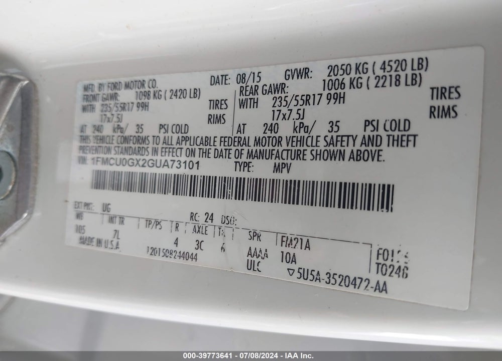 2016 FORD ESCAPE SE VIN: 1FMCU0GX2GUA73101