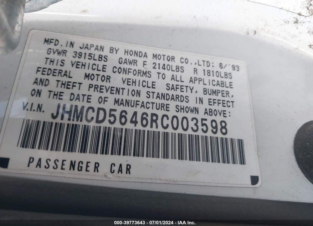 1994 HONDA ACCORD LX VIN: JHMCD5646RC003598