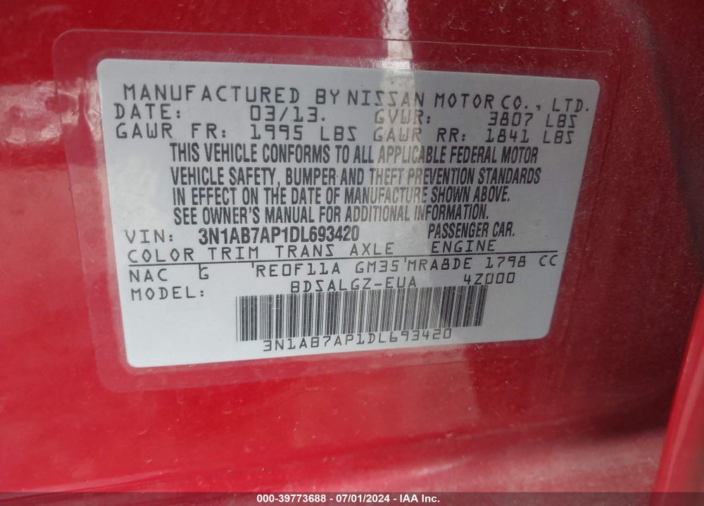 2013 NISSAN SENTRA SL VIN: 3N1AB7AP1DL693420