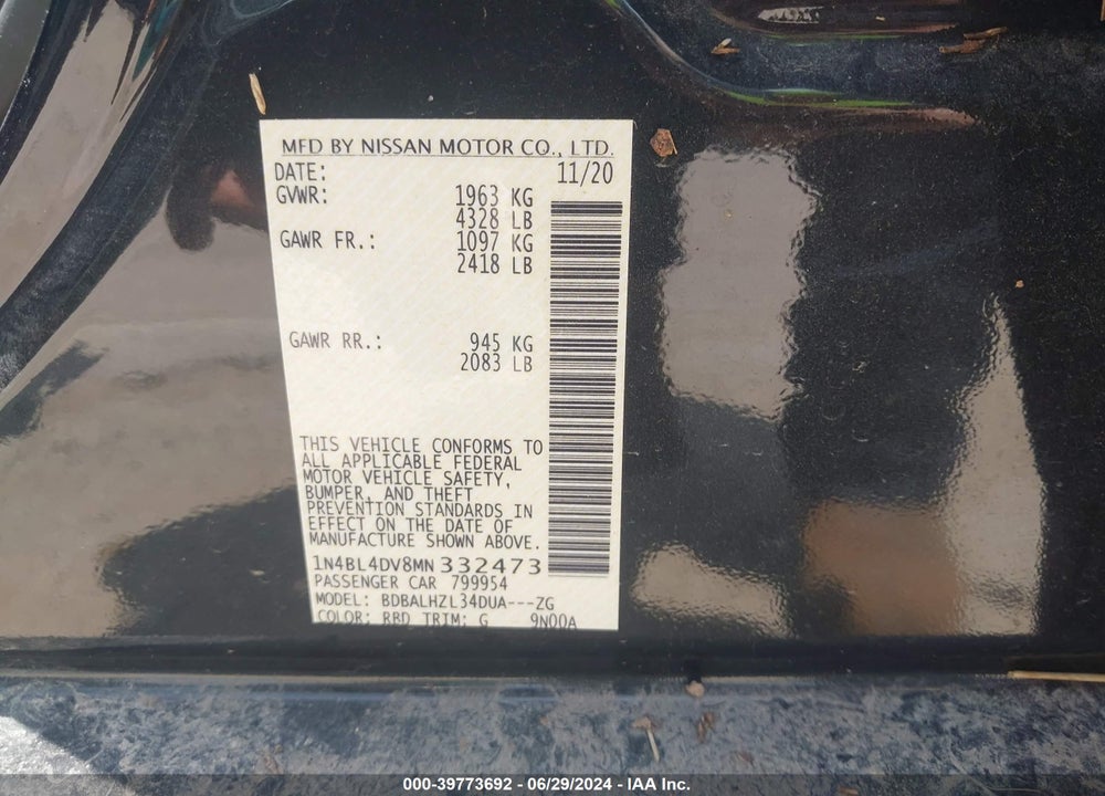 2021 NISSAN ALTIMA SV FWD VIN: 1N4BL4DV8MN332473