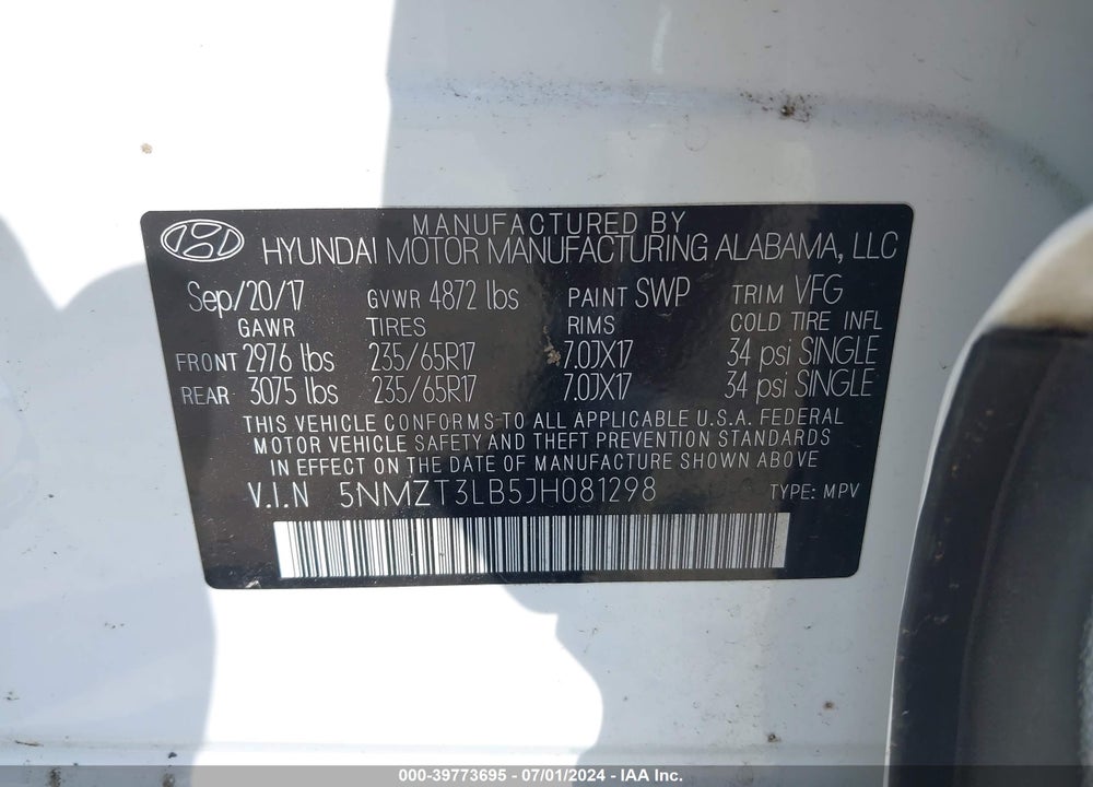2018 HYUNDAI SANTA FE SPORT 2.4L VIN: 5NMZT3LB5JH081298