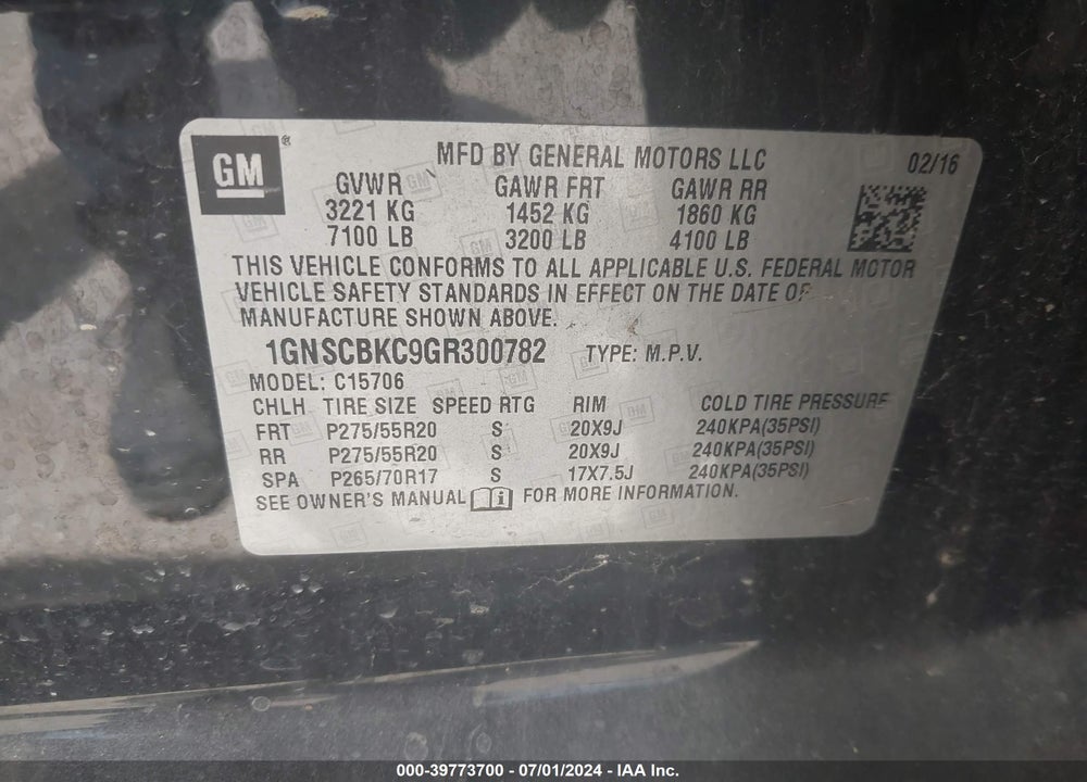 2016 CHEVROLET TAHOE LT VIN: 1GNSCBKC9GR300782