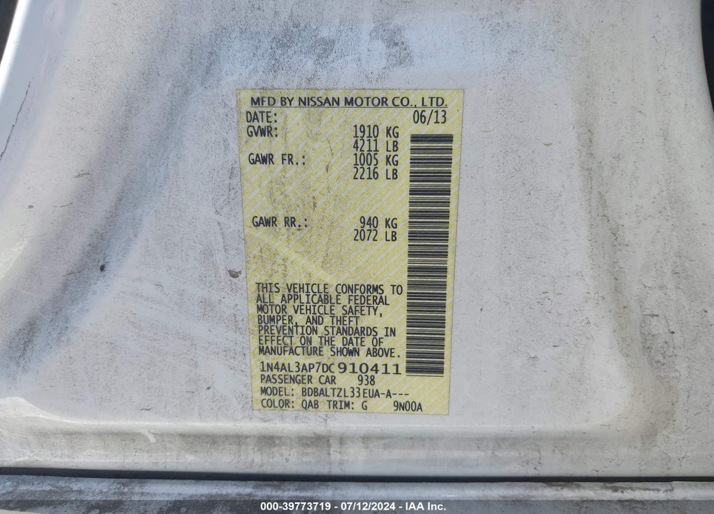 2013 NISSAN ALTIMA 2.5 SV VIN: 1N4AL3AP7DC910411