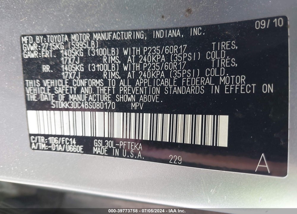 2011 TOYOTA SIENNA LE V6 AUTO ACCESS SEAT VIN: 5TDKK3DC4BS080170