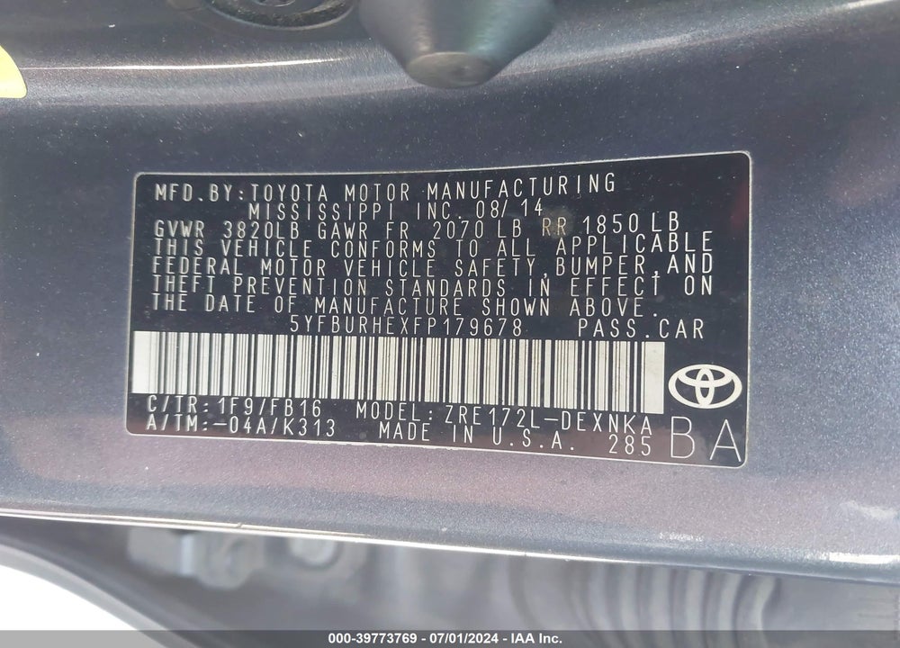 2015 TOYOTA COROLLA LE VIN: 5YFBURHEXFP179678