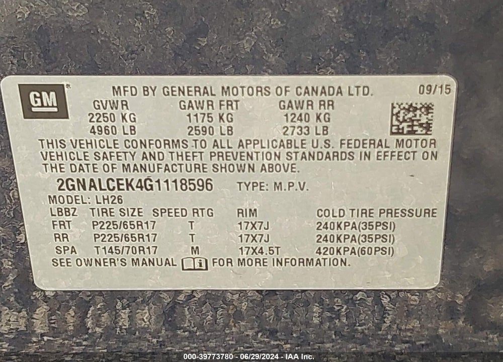 2016 CHEVROLET EQUINOX LT VIN: 2GNALCEK4G1118596