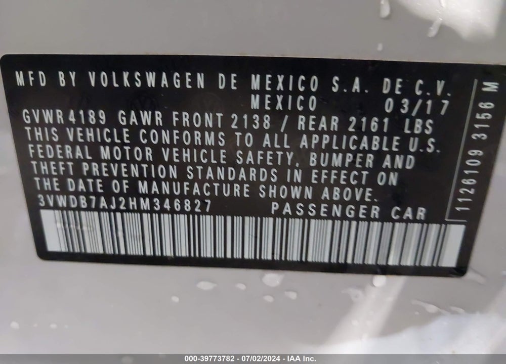 2017 VOLKSWAGEN JETTA 1.4T SE VIN: 3VWDB7AJ2HM346827