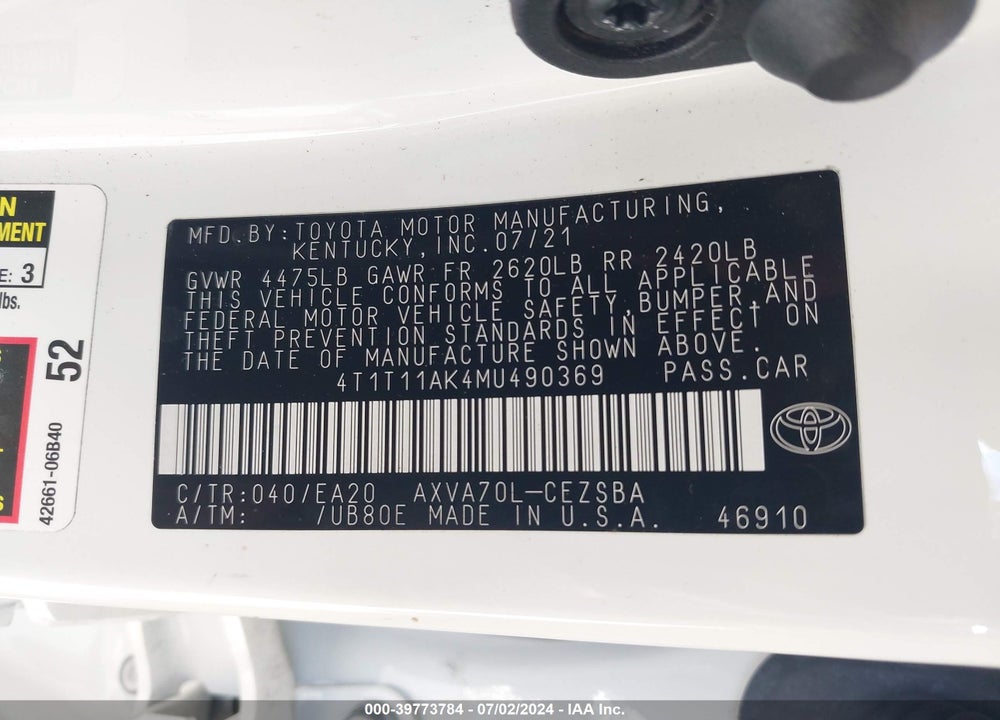 2021 TOYOTA CAMRY SE VIN: 4T1T11AK4MU490369