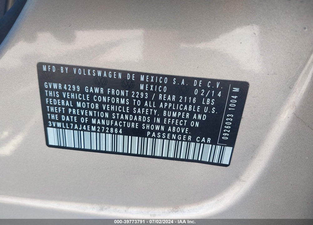 2014 VOLKSWAGEN JETTA 2.0L TDI VIN: 3VWLL7AJ4EM272864
