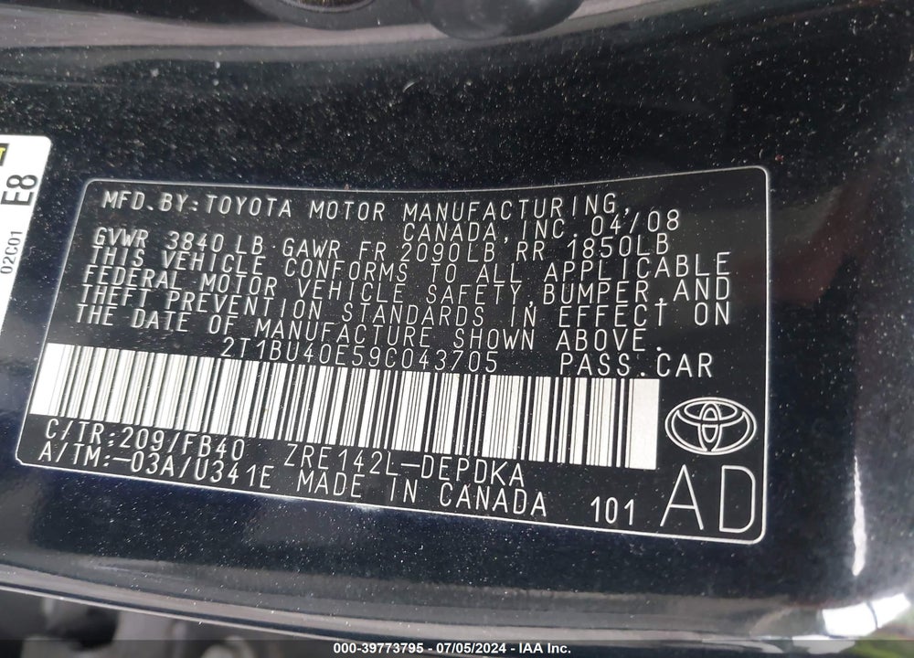 2009 TOYOTA COROLLA LE VIN: 2T1BU40E59C043705