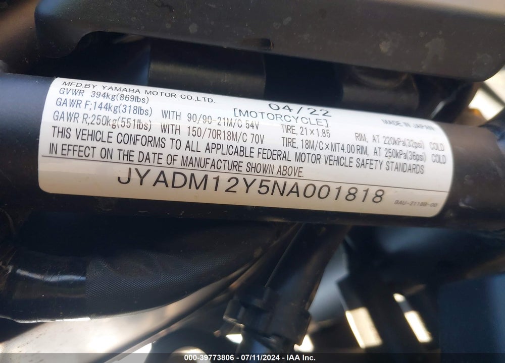 2022 YAMAHA XTZ690 VIN: JYADM12Y5NA001818