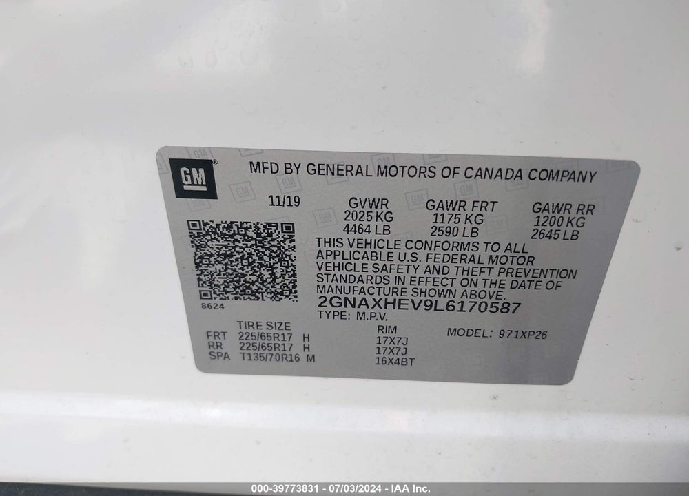 2020 CHEVROLET EQUINOX FWD LS VIN: 2GNAXHEV9L6170587