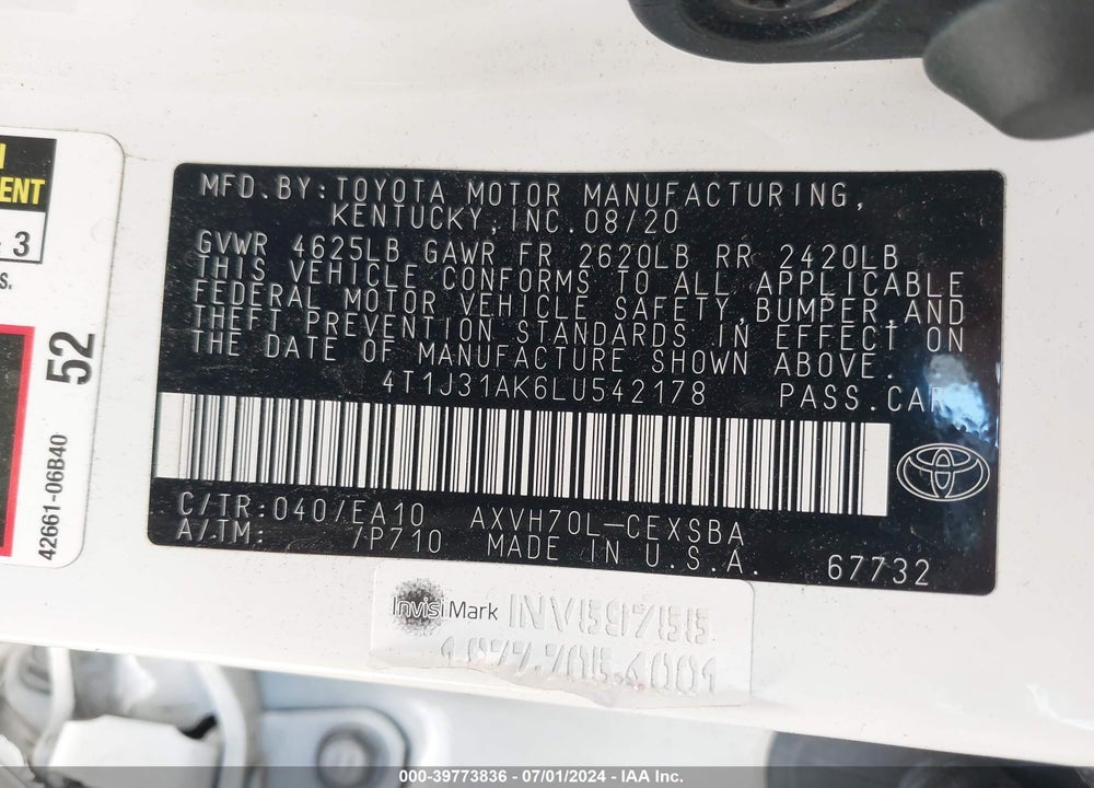 2020 TOYOTA CAMRY SE HYBRID VIN: 4T1J31AK6LU542178