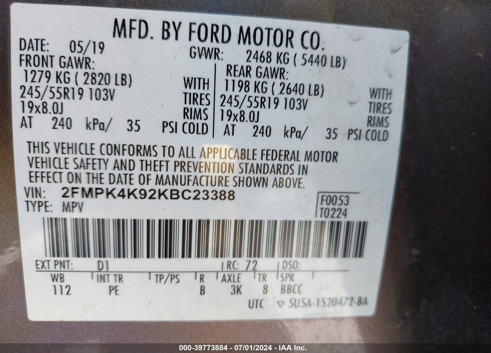 2019 FORD EDGE TITANIUM VIN: 2FMPK4K92KBC23388