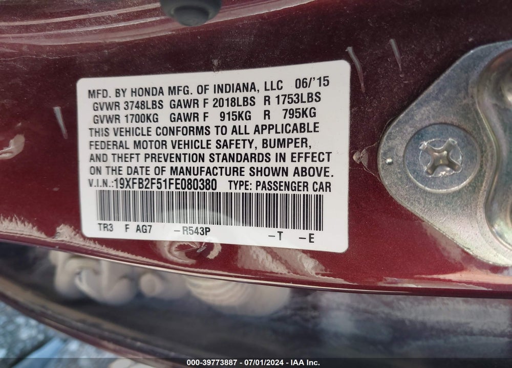 2015 HONDA CIVIC LX VIN: 19XFB2F51FE080380