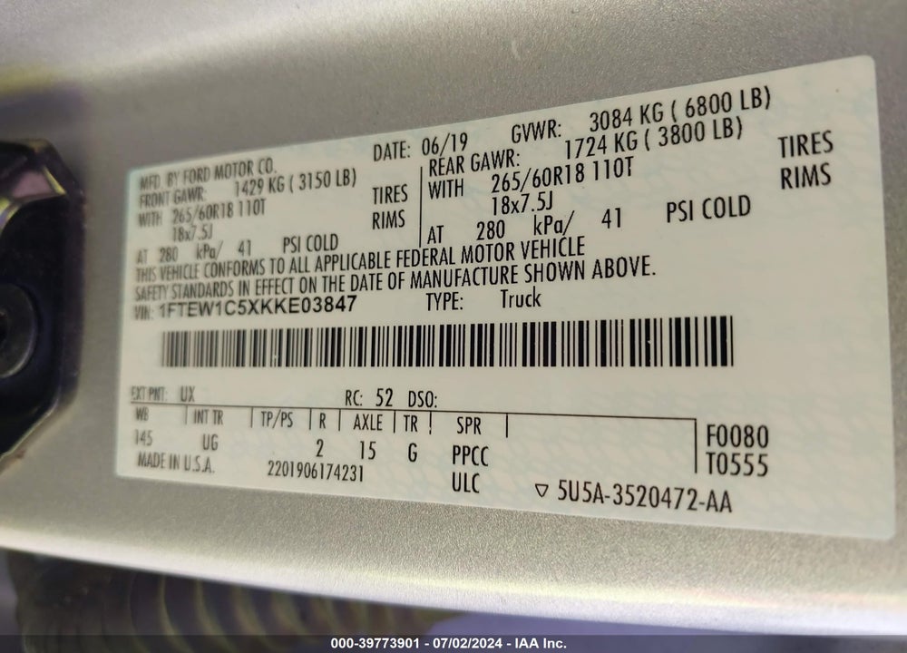 2019 FORD F-150 XLT VIN: 1FTEW1C5XKKE03847