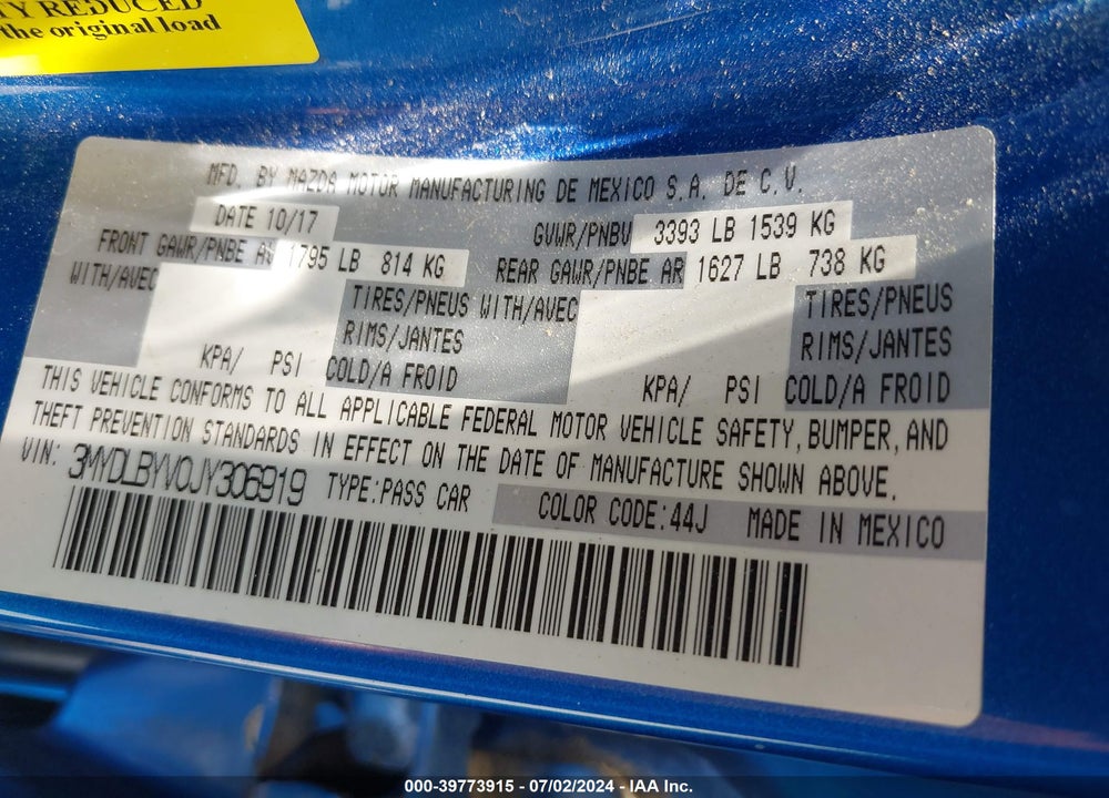 2018 TOYOTA YARIS IA VIN: 3MYDLBYV0JY306919