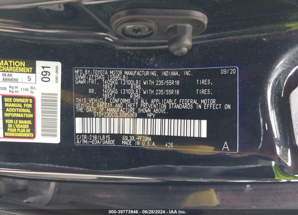 2020 TOYOTA SIENNA LIMITED PREMIUM VIN: 5TDYZ3DC0LS085969