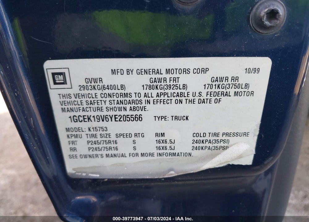 2000 CHEVROLET SILVERADO 1500 VIN: 1GCEK19V6YE205566