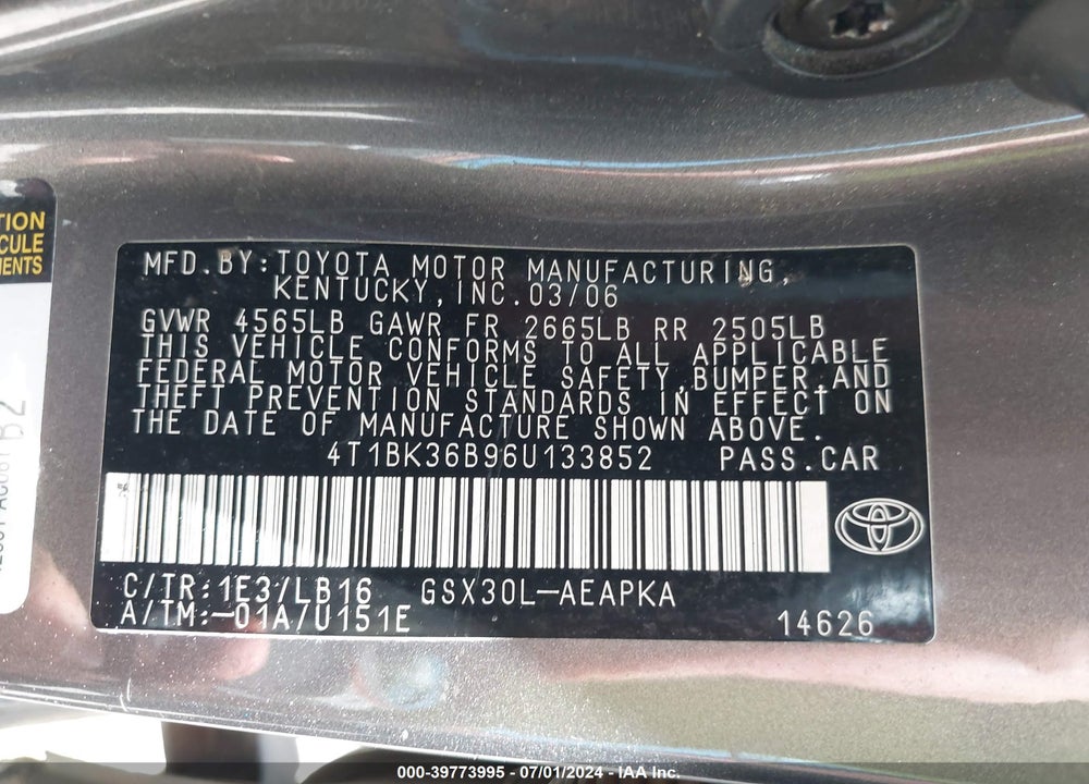 2006 TOYOTA AVALON LIMITED VIN: 4T1BK36B96U133852