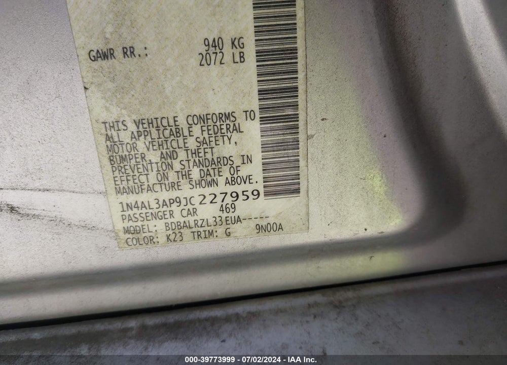 2018 NISSAN ALTIMA 2.5 SL VIN: 1N4AL3AP9JC227959