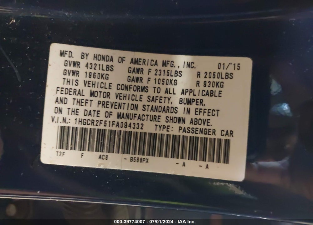 2015 HONDA ACCORD SPORT VIN: 1HGCR2F51FA094332