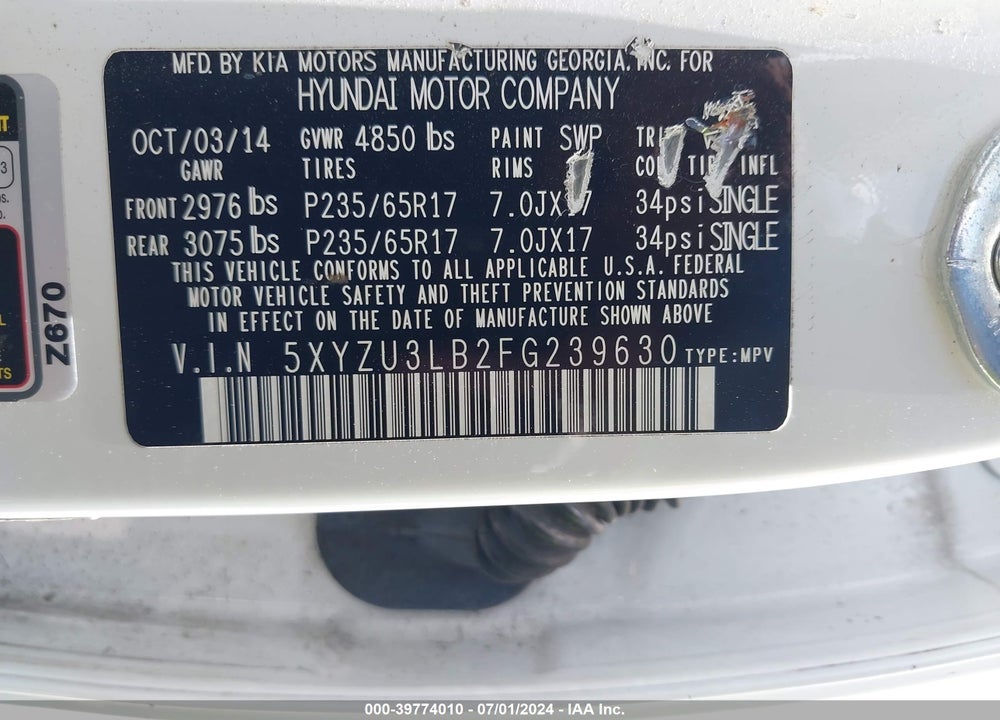 2015 HYUNDAI SANTA FE SPORT 2.4L VIN: 5XYZU3LB2FG239630