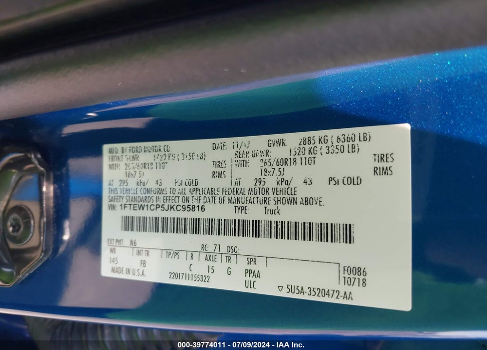2018 FORD F-150 XLT VIN: 1FTEW1CP5JKC95816