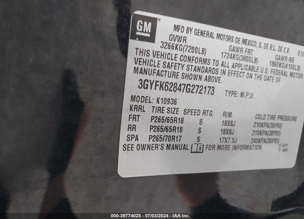 2007 CADILLAC ESCALADE EXT STANDARD VIN: 3GYFK62847G272173