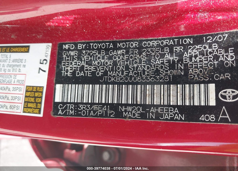 2008 TOYOTA PRIUS VIN: JTDKB20U083363281