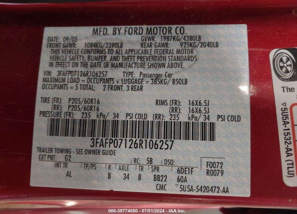 2006 FORD FUSION SE VIN: 3FAFP07126R106257