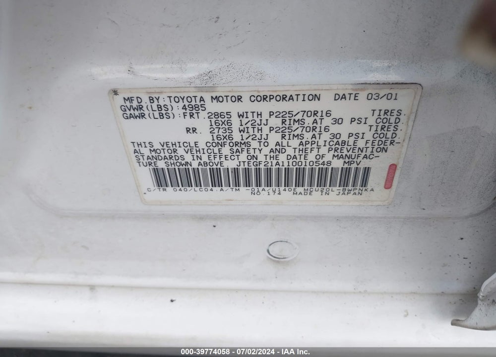 2001 TOYOTA HIGHLANDER V6 VIN: JTEGF21A110010548