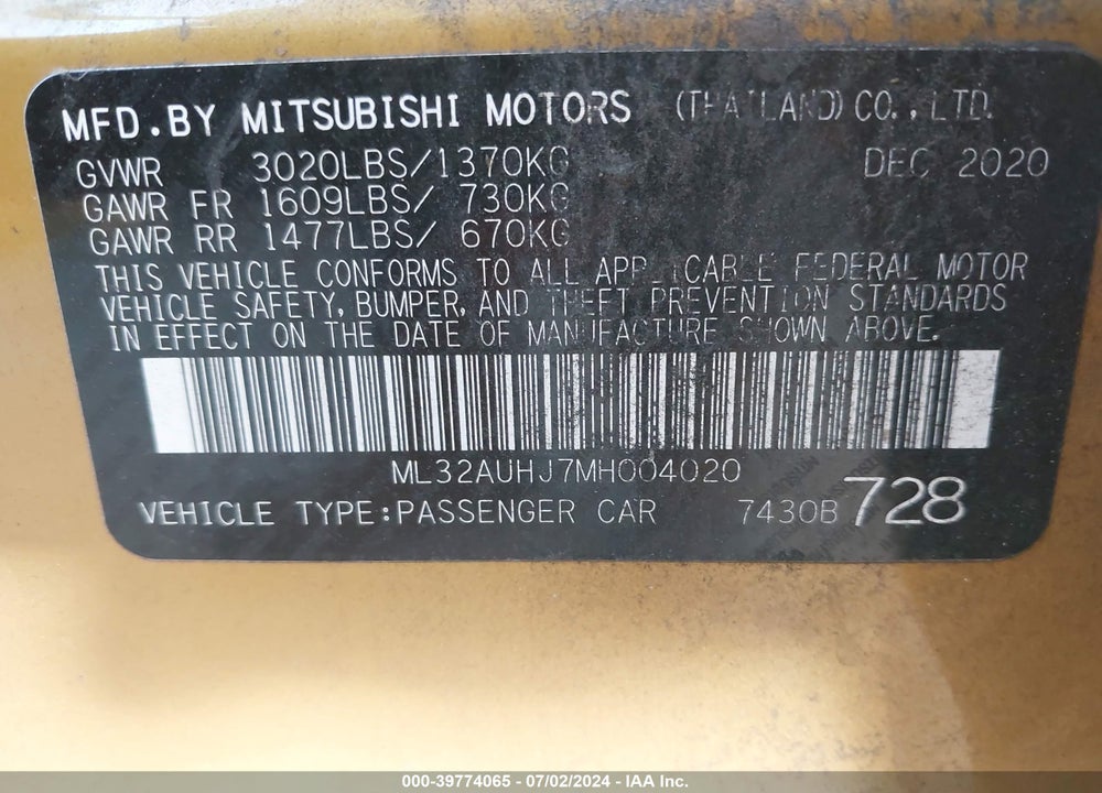 2021 MITSUBISHI MIRAGE CARBONITE EDITION/ES/LE VIN: ML32AUHJ7MH004020