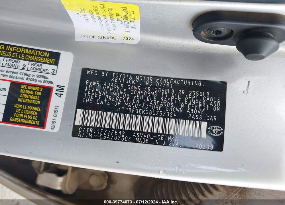 2011 TOYOTA CAMRY VIN: 4T1BF3EK3BU757324