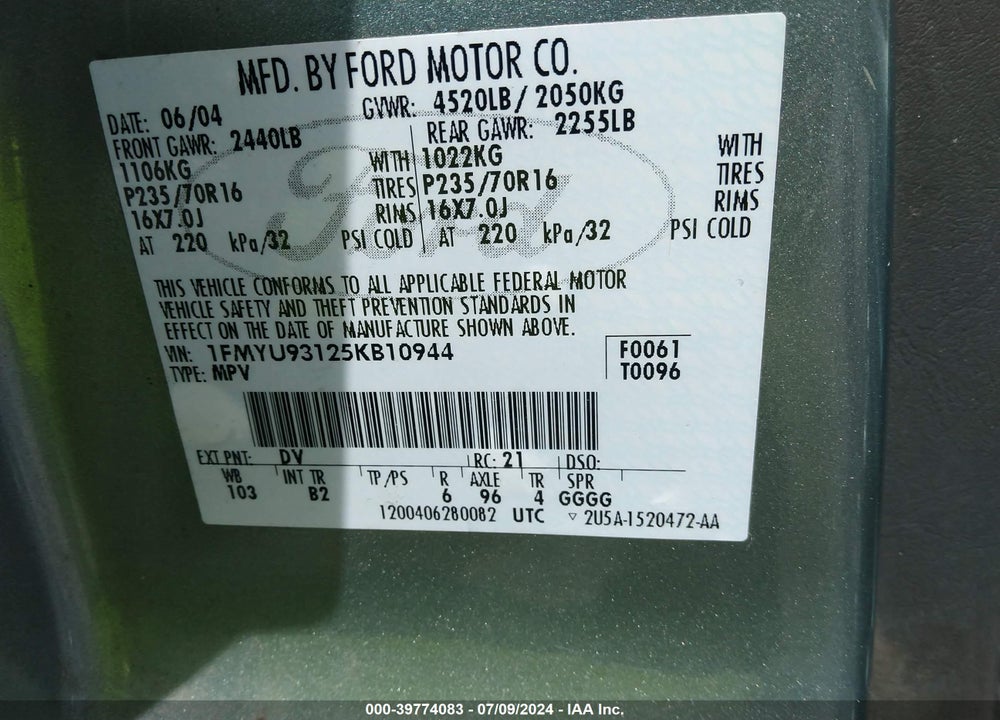 2005 FORD ESCAPE XLT VIN: 1FMYU93125KB10944