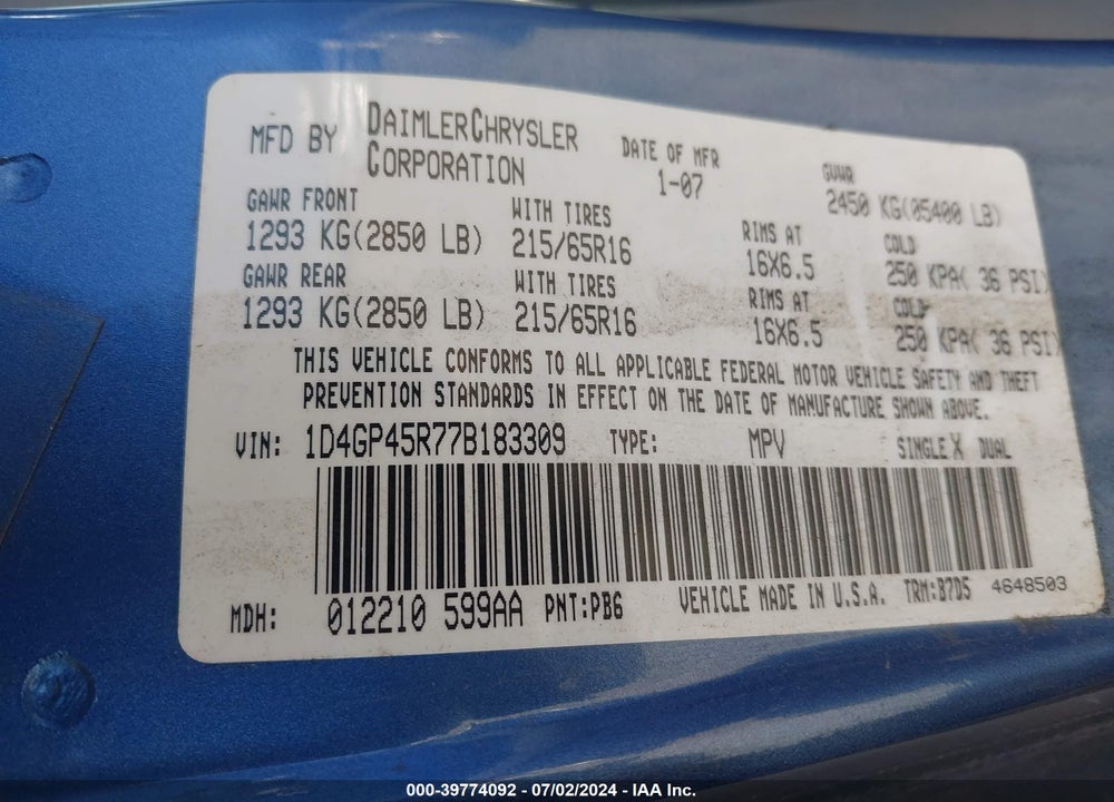 2007 DODGE CARAVAN SXT VIN: 1D4GP45R77B183309