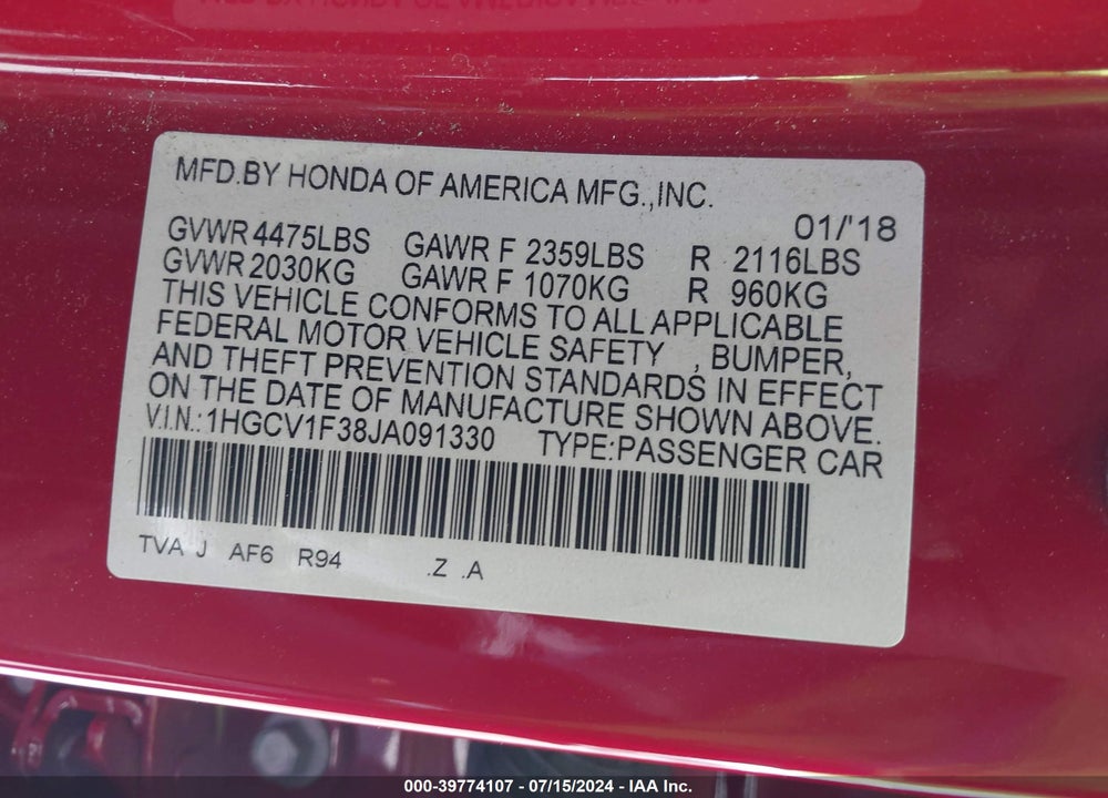 2018 HONDA ACCORD SPORT VIN: 1HGCV1F38JA091330