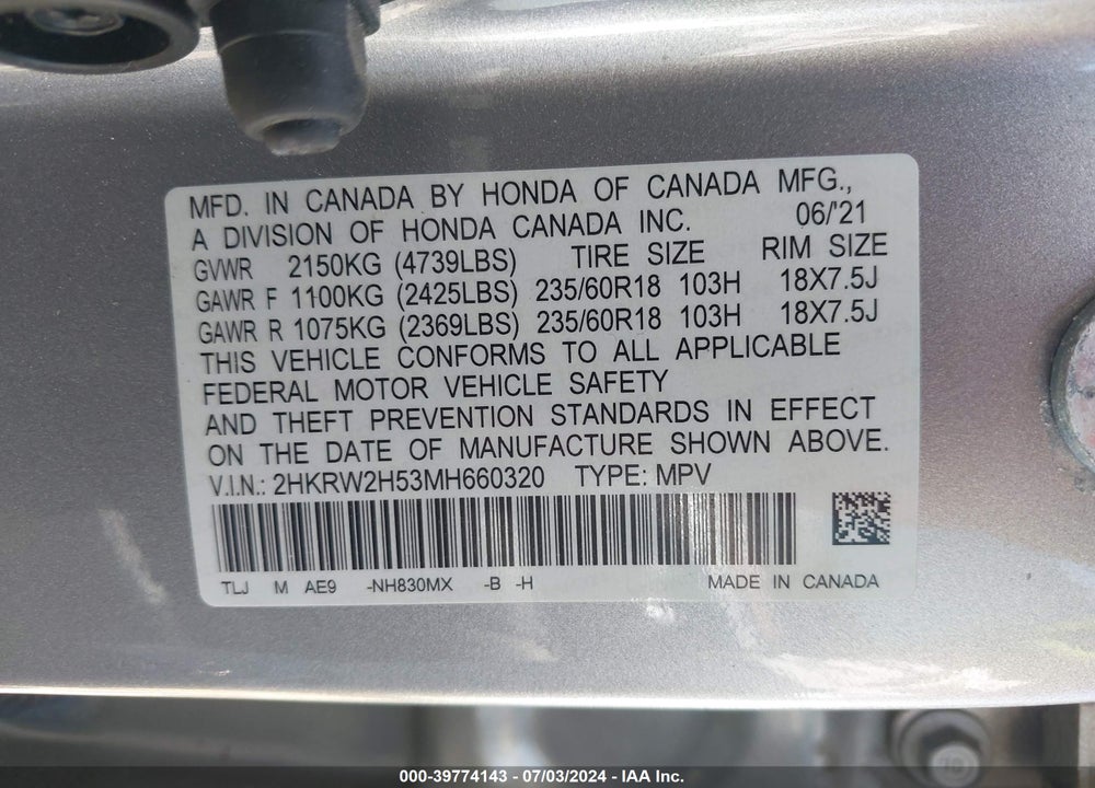 2021 HONDA CR-V AWD EX VIN: 2HKRW2H53MH660320