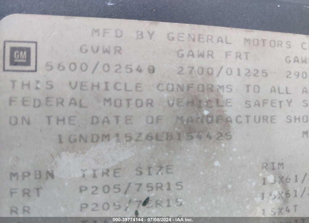 1990 CHEVROLET ASTRO VIN: 1GNDM15Z6LB154425