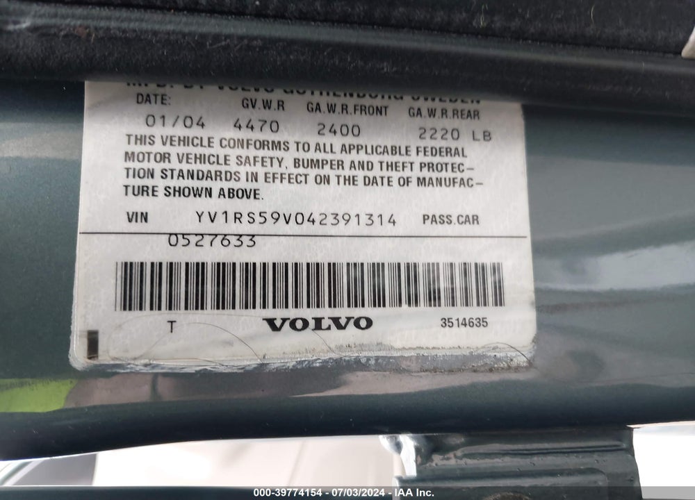 2004 VOLVO S60 2.5T VIN: YV1RS59V042391314