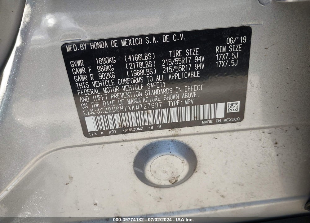 2019 HONDA HR-V EX-L VIN: 3CZRU6H7XKM727687