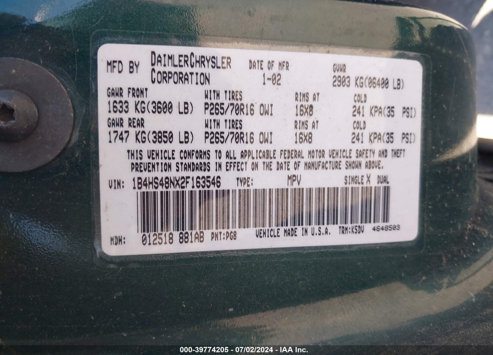 2002 DODGE DURANGO SLT VIN: 1B4HS48NX2F163546